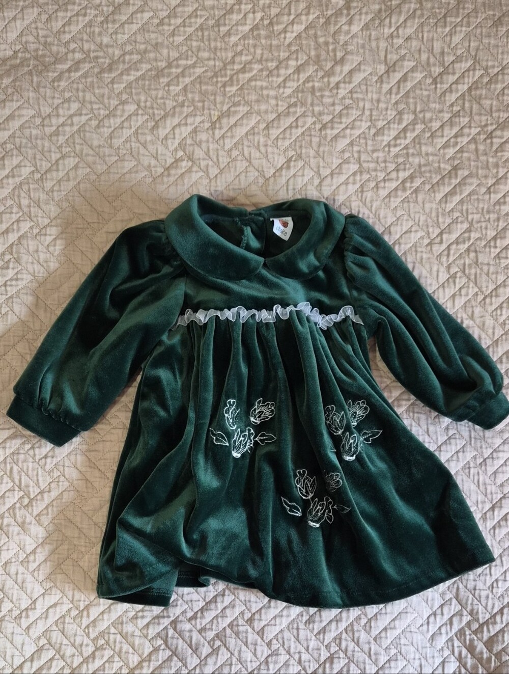 Vintage Velvet Green Floral Embroidered Baby Girls' Formal Dress